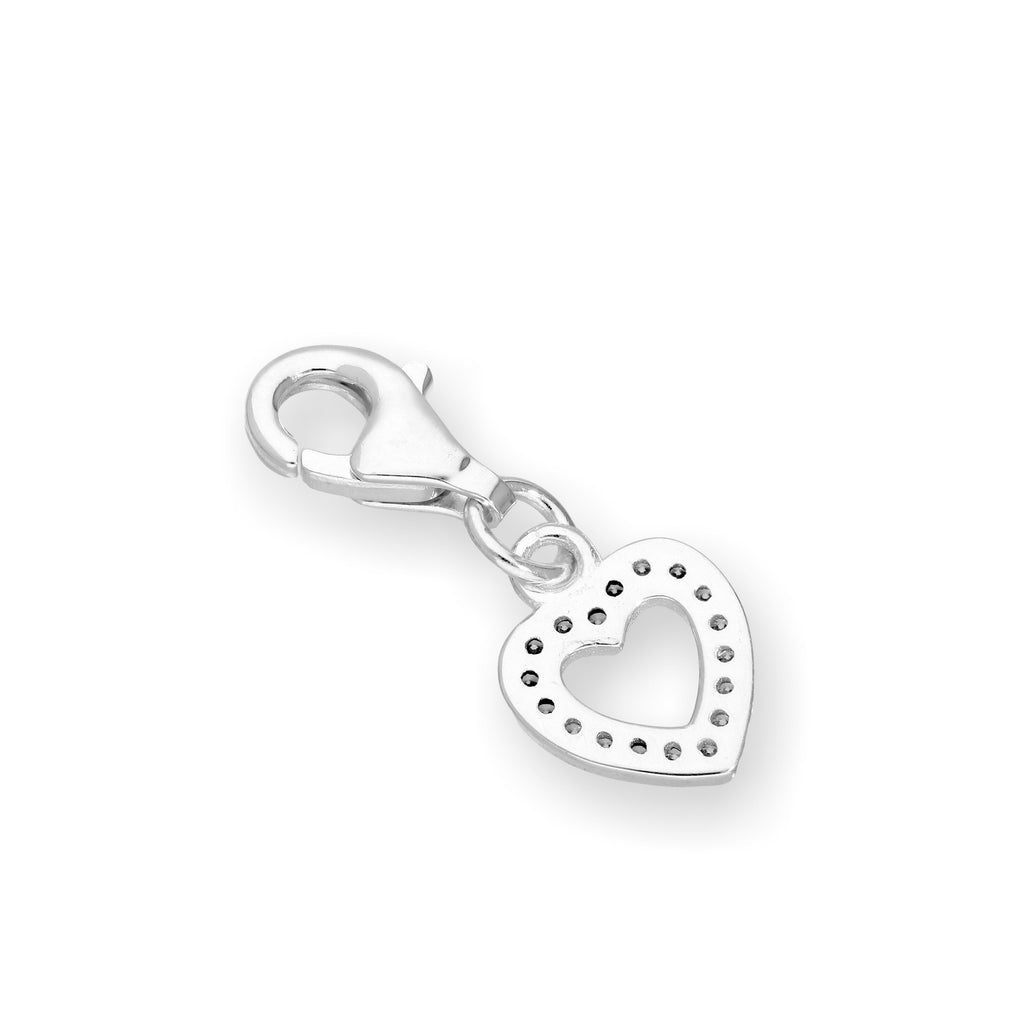 Sterling Silver & Clear CZ Crystal Open Heart Clip On Charm w Black Rhodium