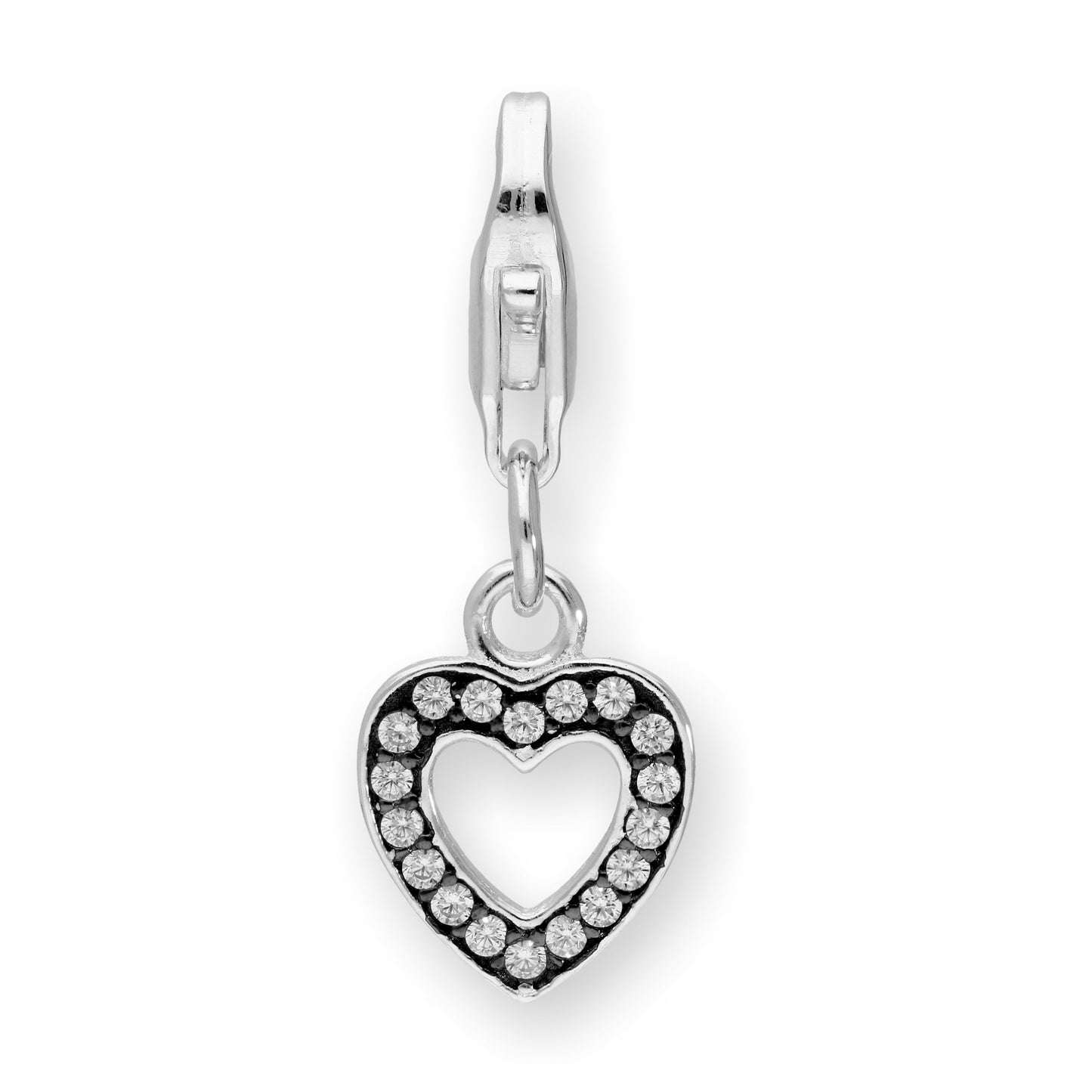 Sterling Silver & Clear CZ Crystal Open Heart Clip On Charm w Black Rhodium