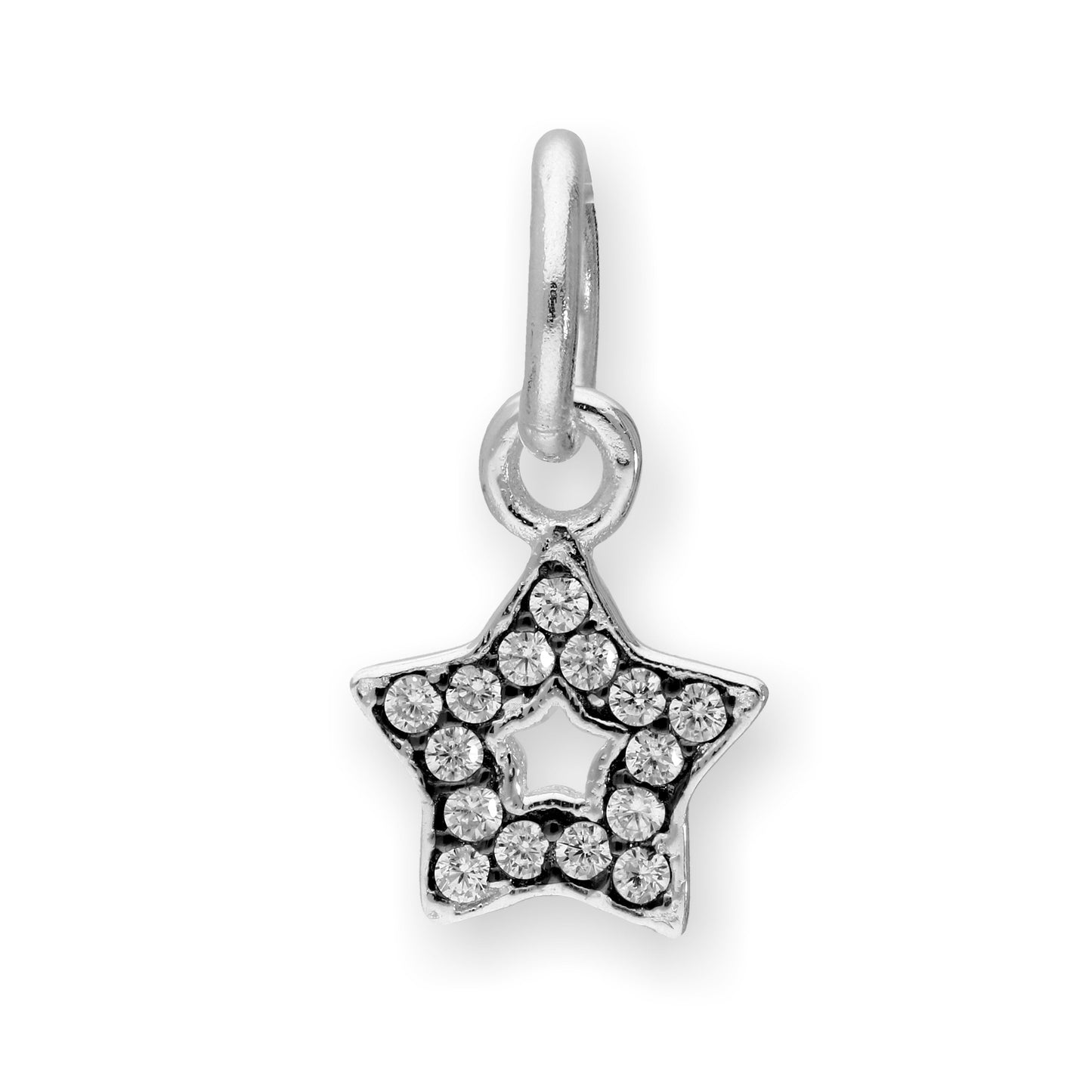 Sterling Silver & Clear CZ Crystal Open Star Charm w Black Rhodium