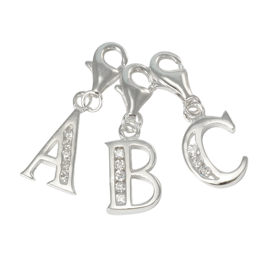 Sterling Silver Crystal Alphabet Letter A - Z Charm on Clip