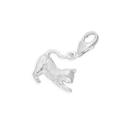 Sterling Silver Stretching Cat Clip on Charm