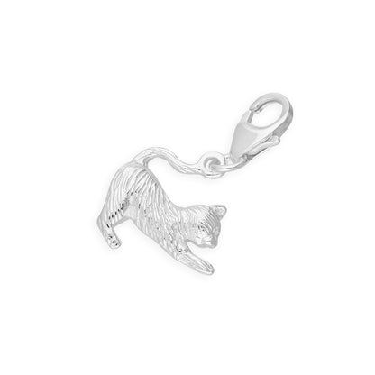 Sterling Silver Stretching Cat Clip on Charm