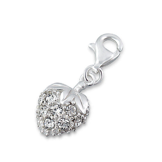 Sterling Silver Crystal Strawberry Clip on Charm