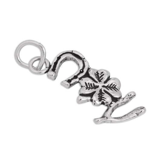 Sterling Silver Lucky Wishbone Clover & Horseshoe Charm