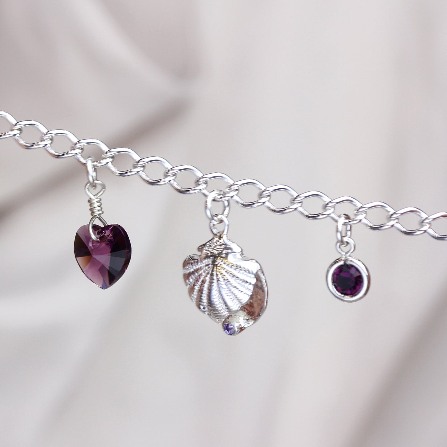 Sterling Silver February Amethyst Crystal Heart Charm