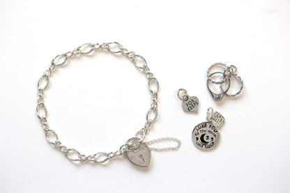 Sterling Silver Figaro Chain Heart Clasp Charm Bracelet