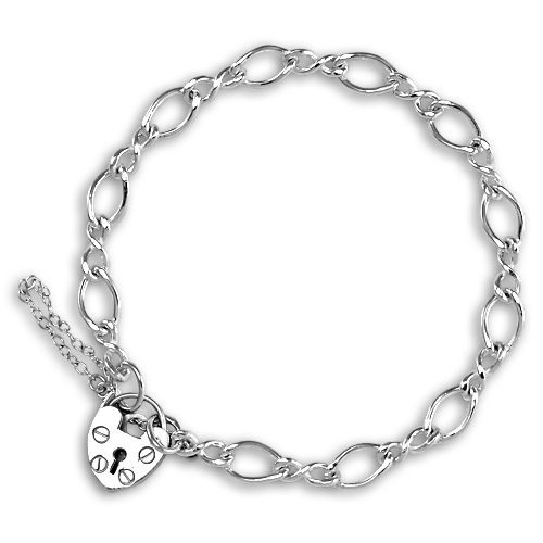 Sterling Silver Figaro Chain Heart Clasp Charm Bracelet
