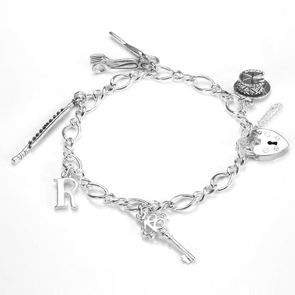Sterling Silver Figaro Chain Heart Clasp Charm Bracelet