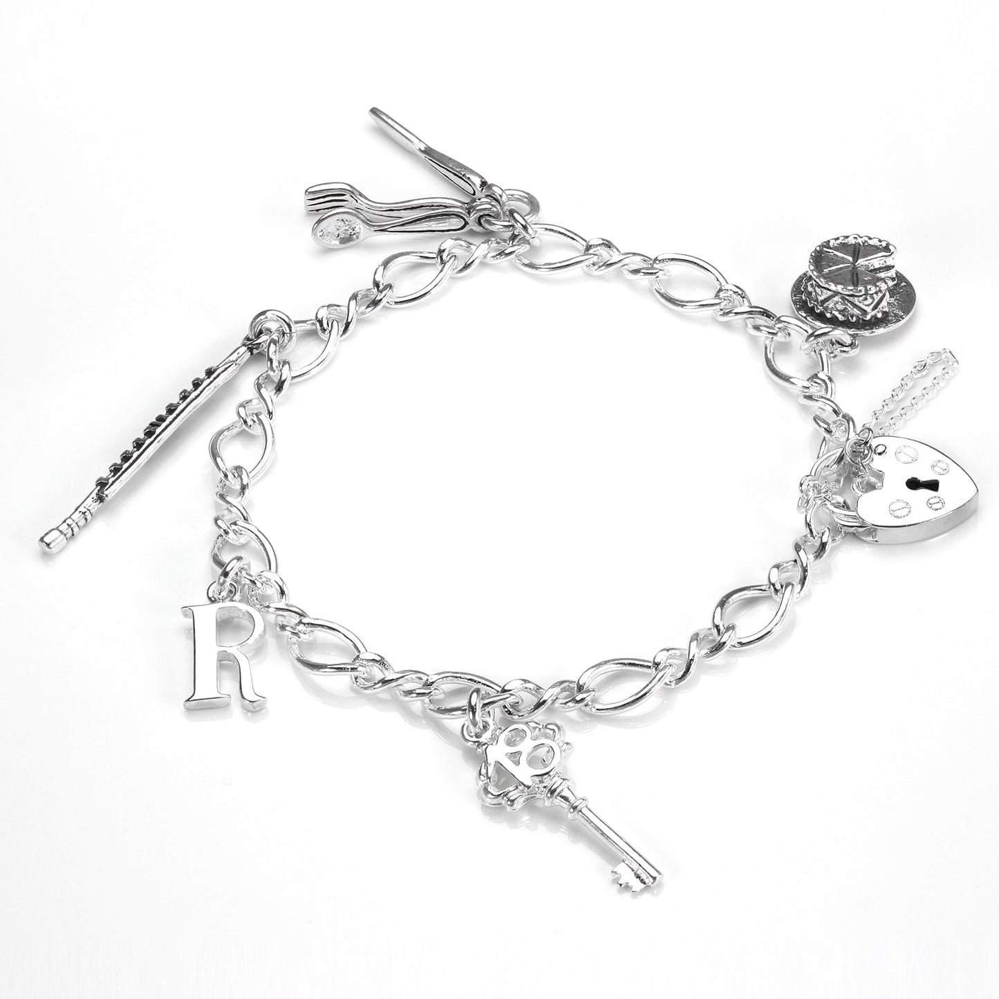 Sterling Silver Figaro Chain Heart Clasp Charm Bracelet