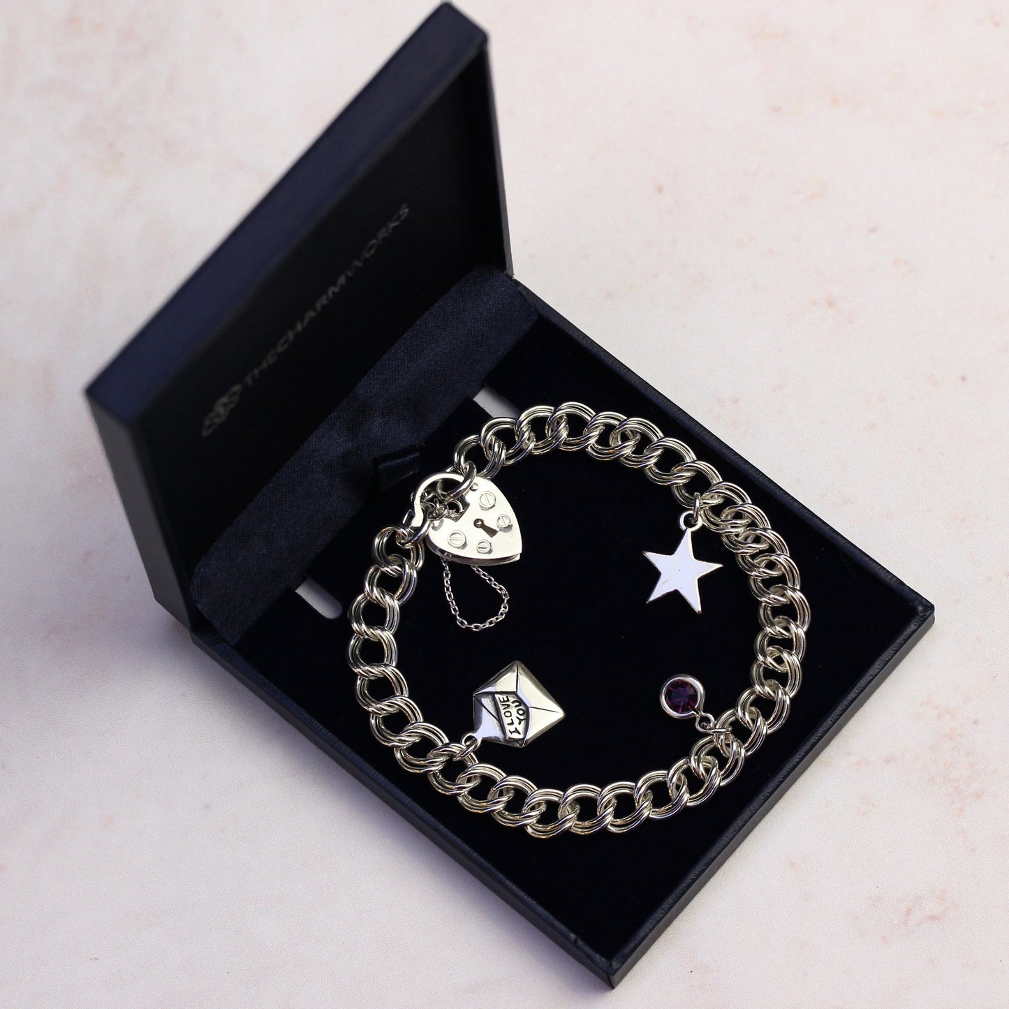 Sterling Silver Heavy Double Curb Charm Bracelet