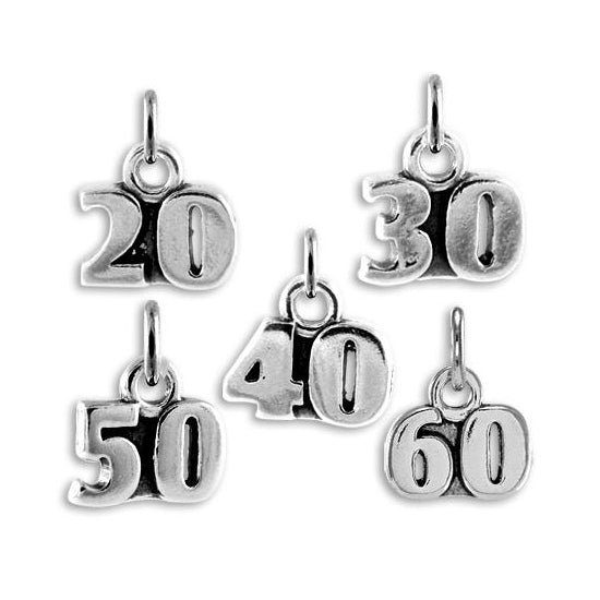 Sterling Silver Birthday Number Charms 20th - 60th