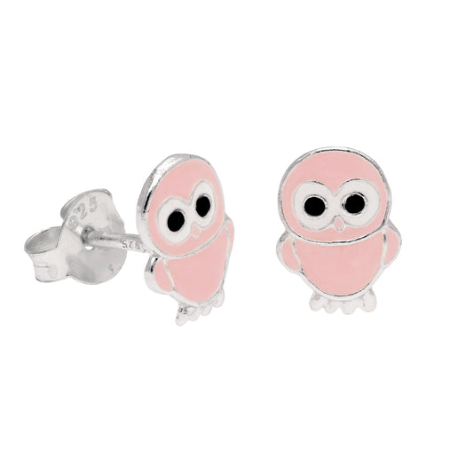 Sterling Silver Pink Owl Stud Earrings