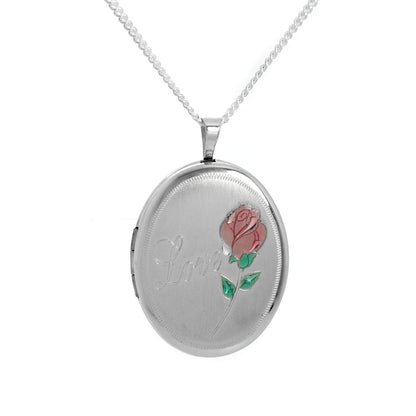 Brushed Sterling Silver Oval Rose Love Locket on Chain