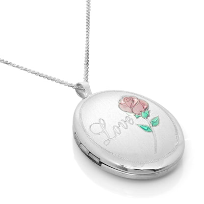 Brushed Sterling Silver Oval Rose Love Locket on Chain