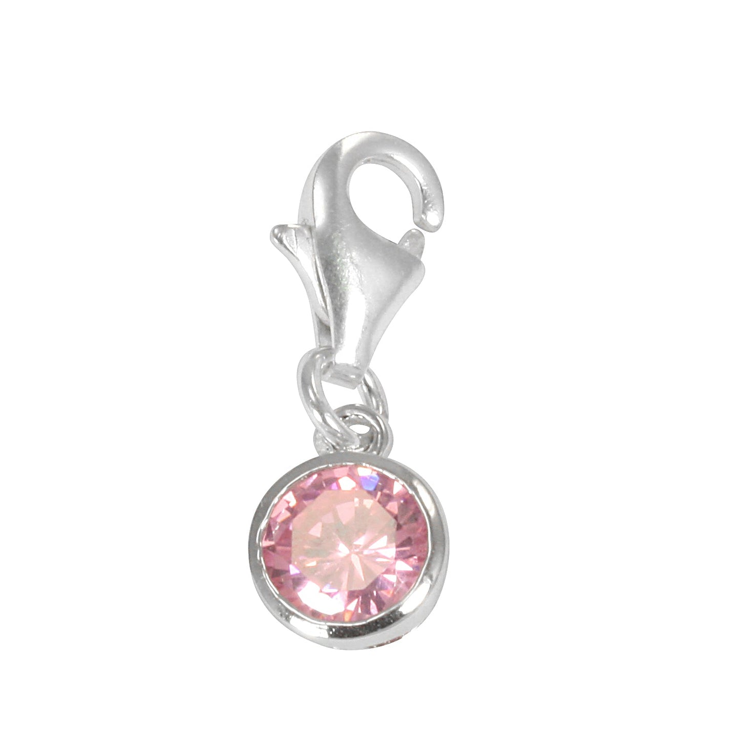 Sterling Silver Round Pink Crystal Clip on Charm