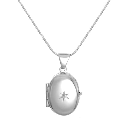 Small Sterling Silver Oval Locket with Diamond on Chain