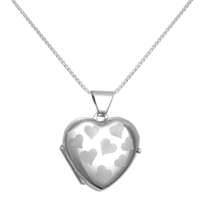 Sterling Silver Heart Locket with Matt Hearts on Chain