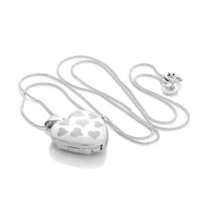 Sterling Silver Heart Locket with Matt Hearts on Chain