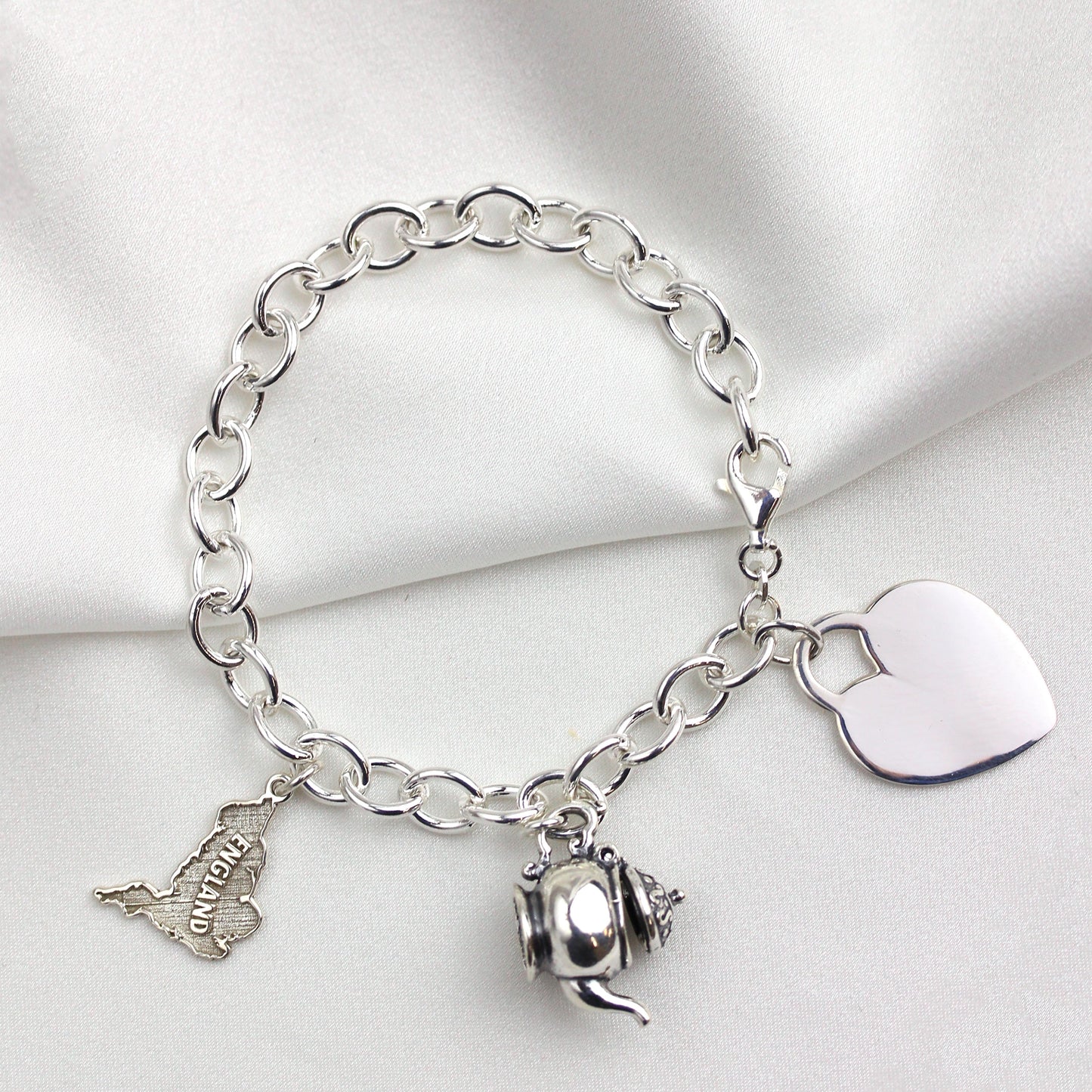 Sterling Silver 7 Inch Charm Bracelet with Large Engravable Heart Tag