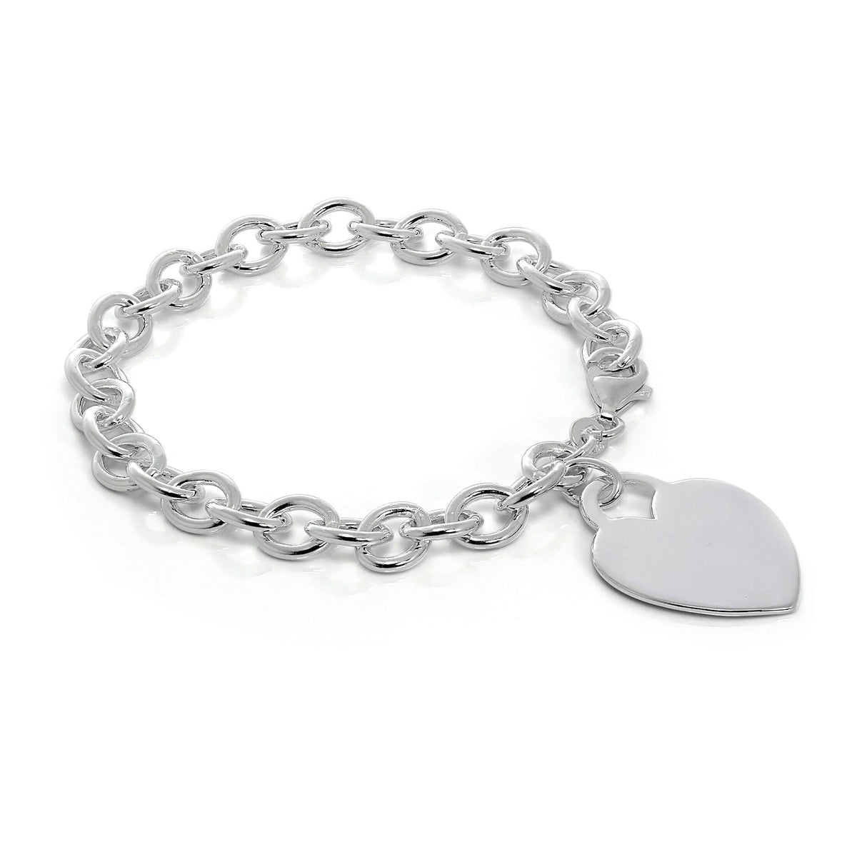 Sterling Silver 7 Inch Charm Bracelet with Large Engravable Heart Tag