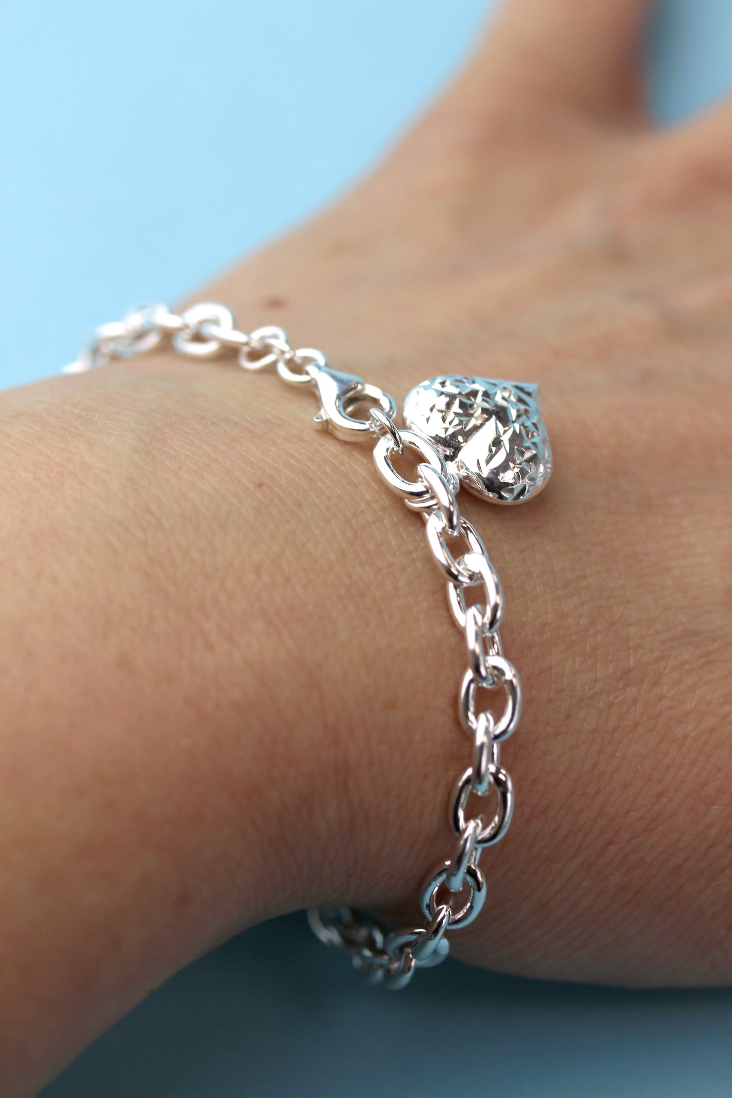 Heavy Sterling Silver Charm Bracelet with Diamond Cut Puffed Heart Charm