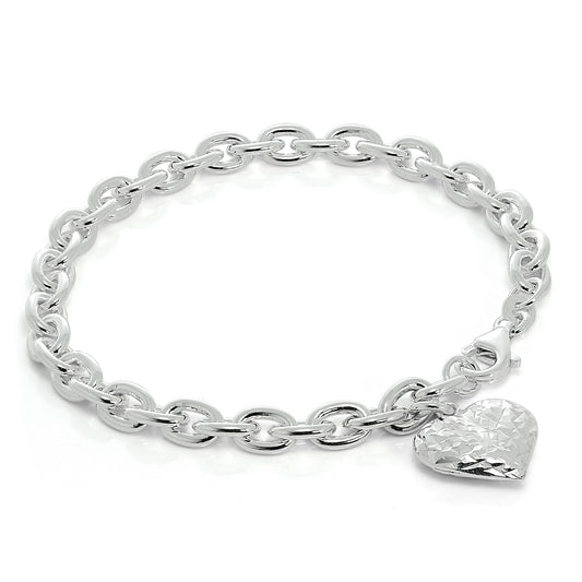 Heavy Sterling Silver Charm Bracelet with Diamond Cut Puffed Heart Charm