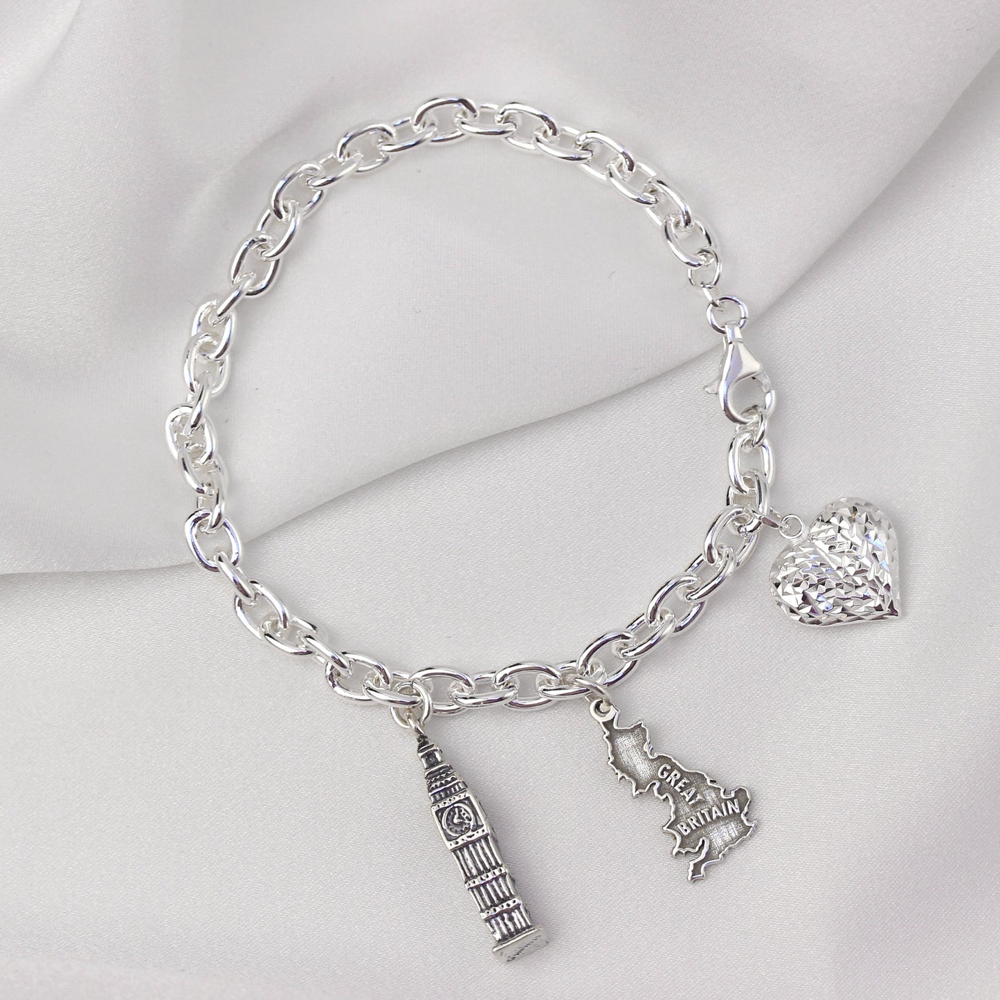 Heavy Sterling Silver Charm Bracelet with Diamond Cut Puffed Heart Charm