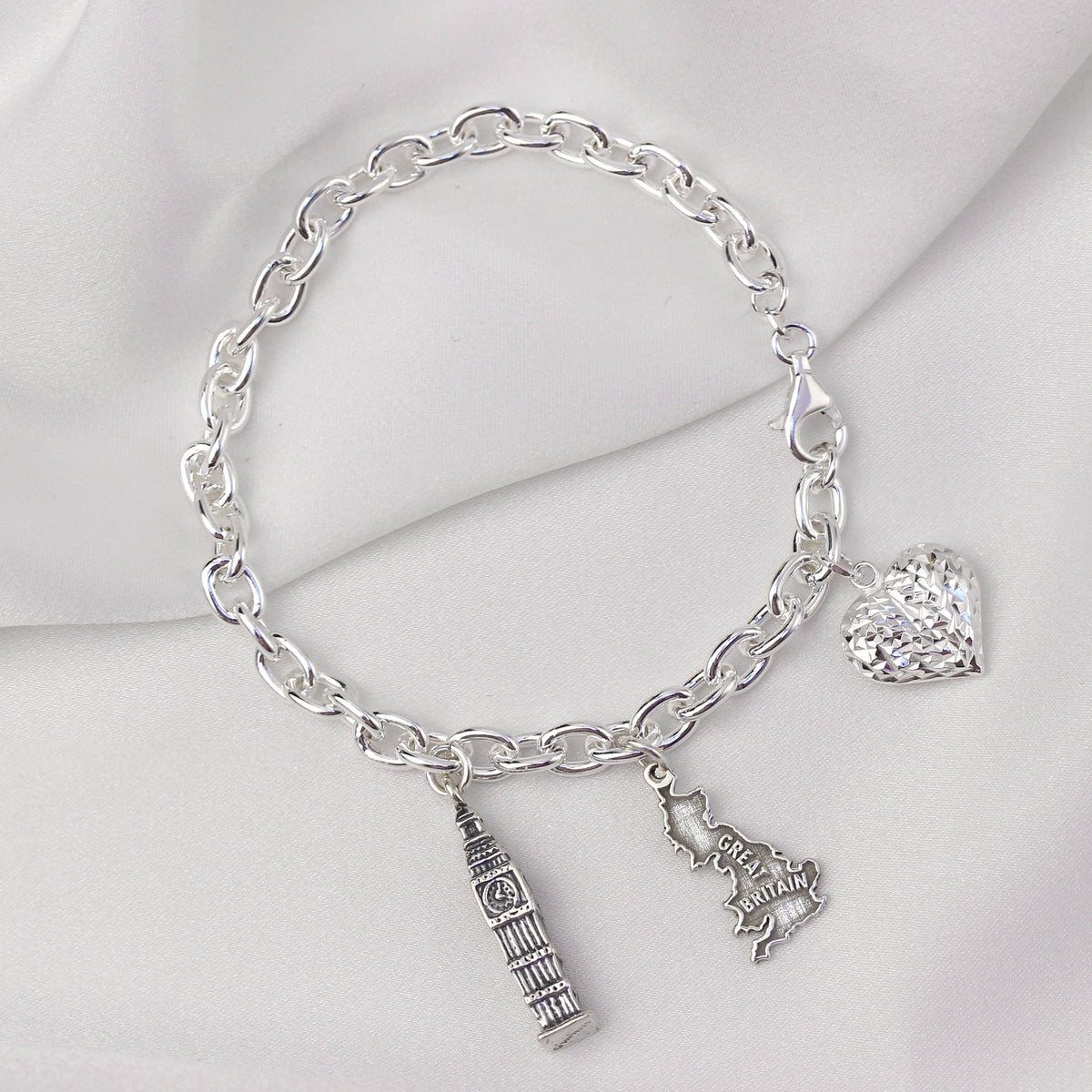 Heavy Sterling Silver Charm Bracelet with Diamond Cut Puffed Heart Charm