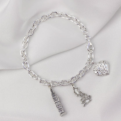Heavy Sterling Silver Charm Bracelet with Diamond Cut Puffed Heart Charm
