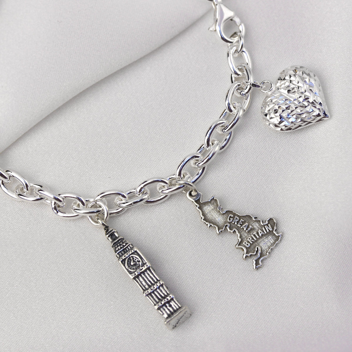 Heavy Sterling Silver Charm Bracelet with Diamond Cut Puffed Heart Charm