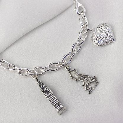 Heavy Sterling Silver Charm Bracelet with Diamond Cut Puffed Heart Charm