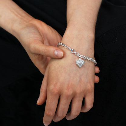 Heavy Sterling Silver Charm Bracelet with Diamond Cut Puffed Heart Charm