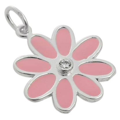 Sterling Silver Pink Enamel & CZ Crystal Flower Charm