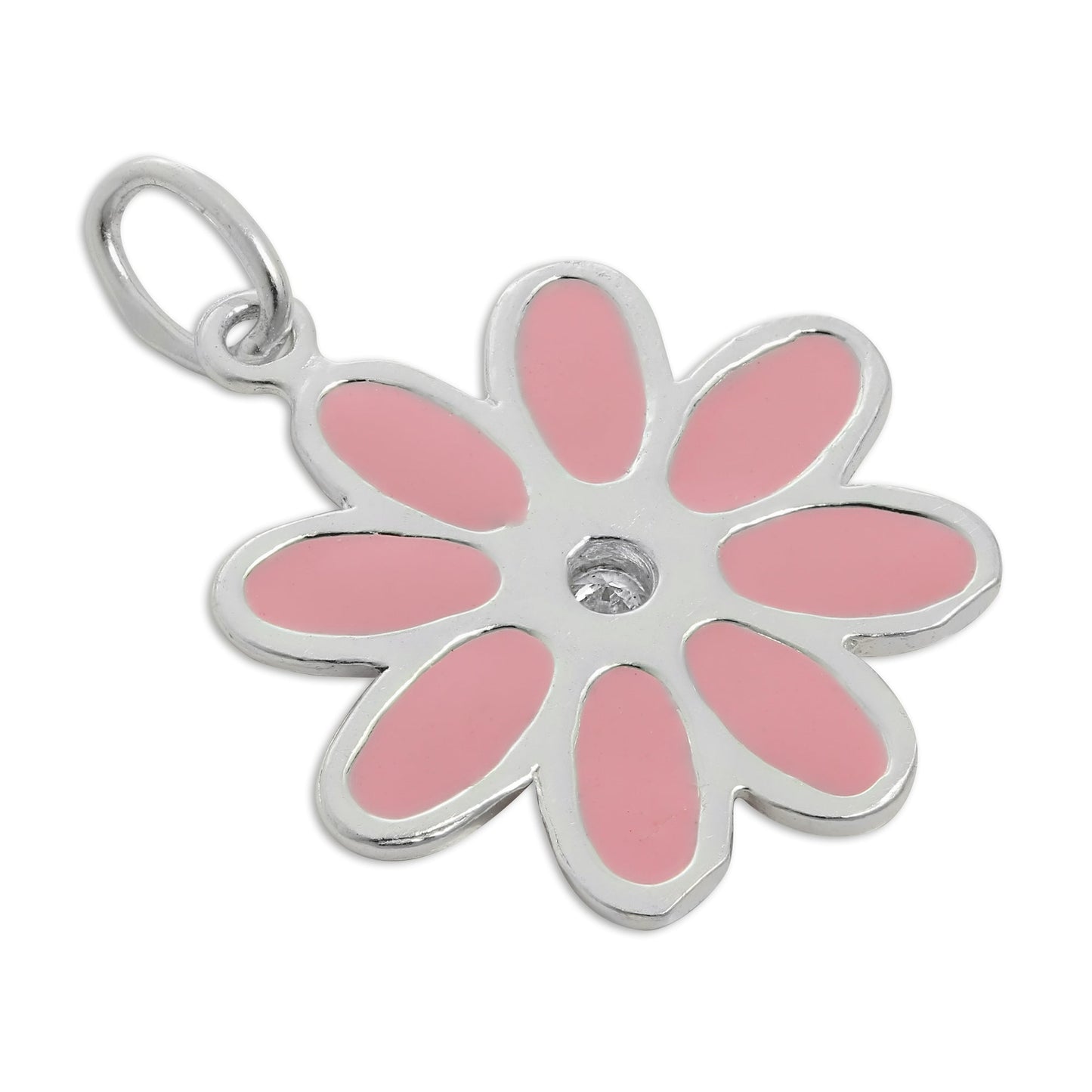 Sterling Silver Pink Enamel & CZ Crystal Flower Charm