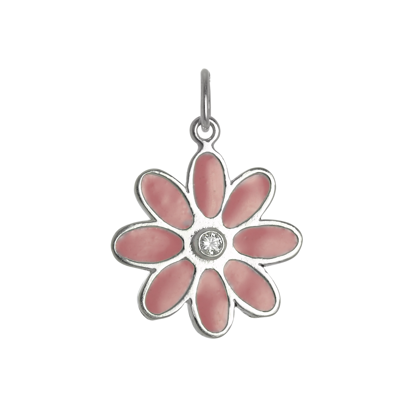 Sterling Silver Pink Enamel & CZ Crystal Flower Charm