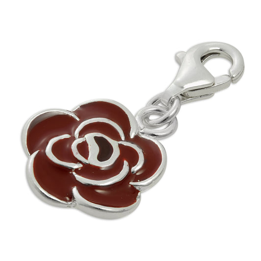 Sterling Silver & Red Enamel Rose Flower Clip on Charm