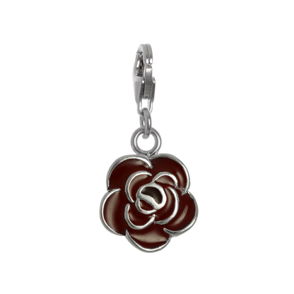 Sterling Silver & Red Enamel Rose Flower Clip on Charm