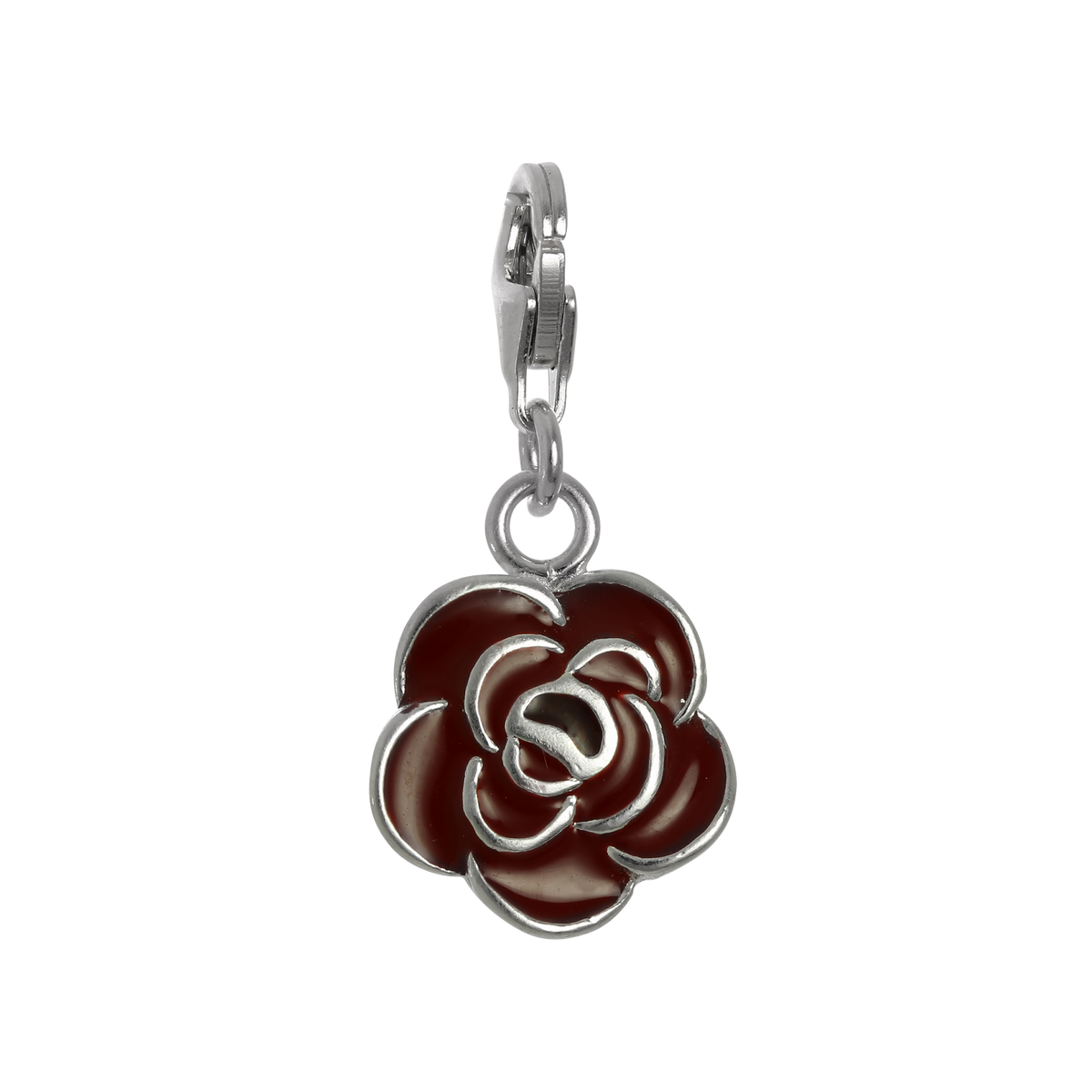 Sterling Silver & Red Enamel Rose Flower Clip on Charm