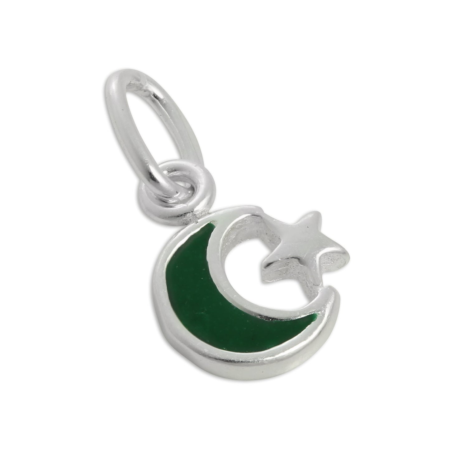 Tiny Sterling Silver & Green Enamel Crescent Moon & Star Charm