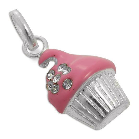 Sterling Silver Pink Enamel & CZ Crystal Cup Cake Charm