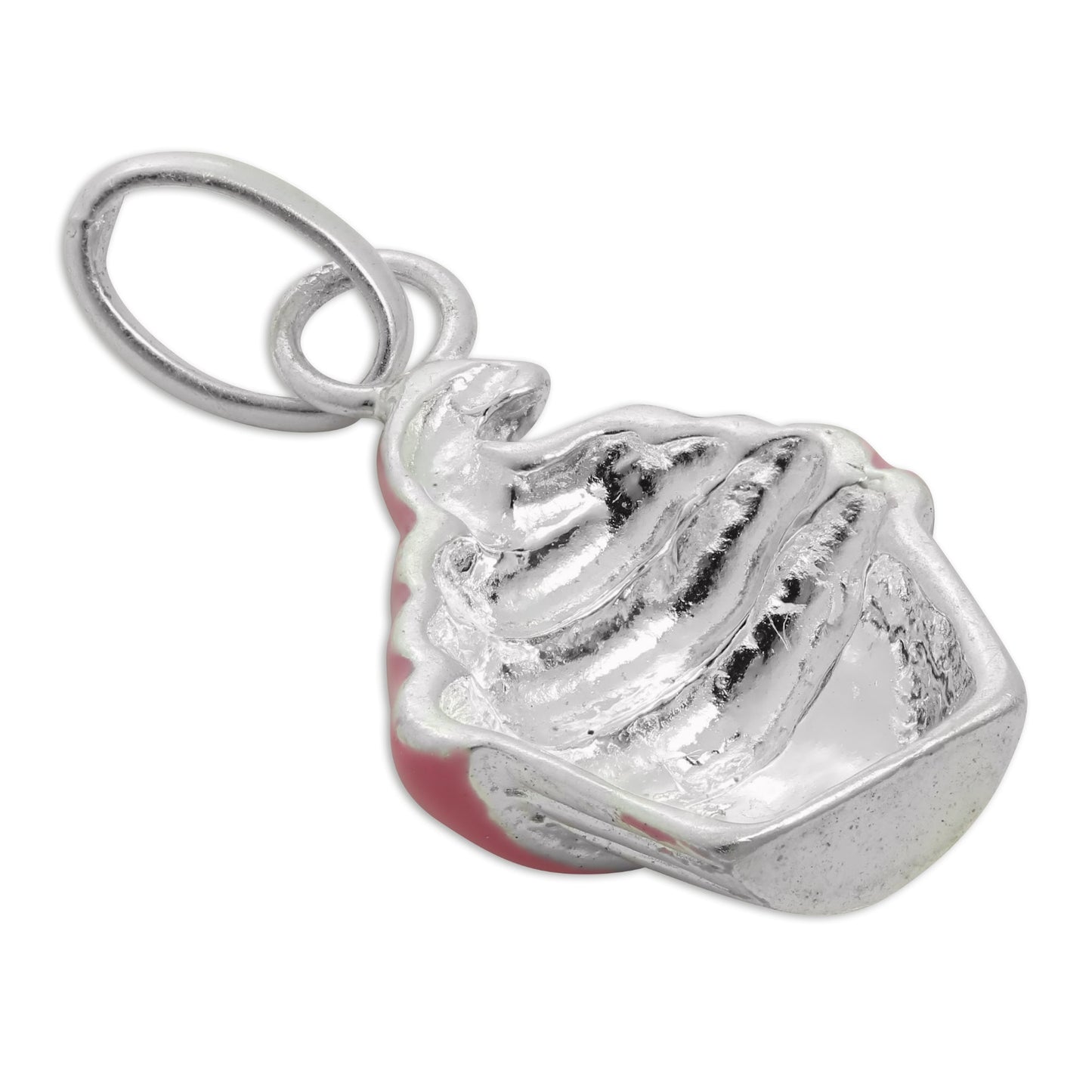 Sterling Silver Pink Enamel & CZ Crystal Cup Cake Charm