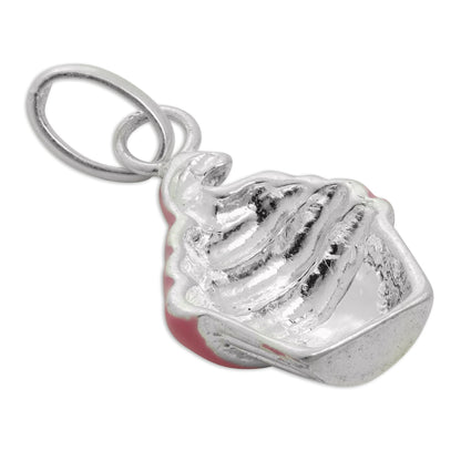 Sterling Silver Pink Enamel & CZ Crystal Cup Cake Charm