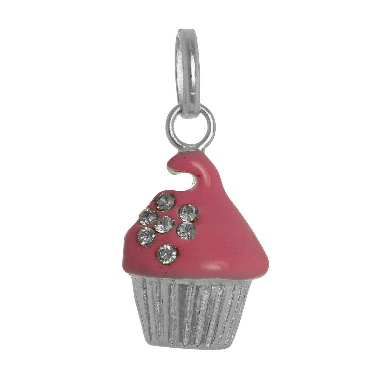 Sterling Silver Pink Enamel & CZ Crystal Cup Cake Charm