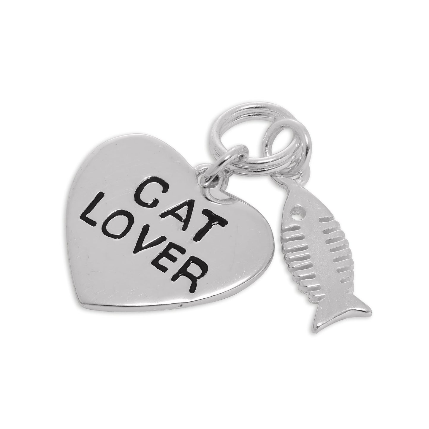 Sterling Silver Cat Lover Heart & Fish Bone Charm