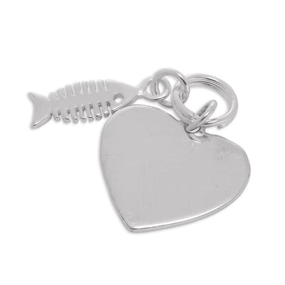 Sterling Silver Cat Lover Heart & Fish Bone Charm