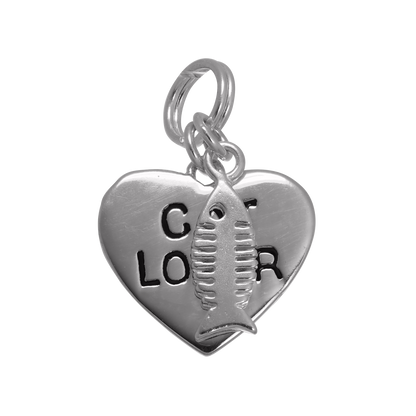 Sterling Silver Cat Lover Heart & Fish Bone Charm