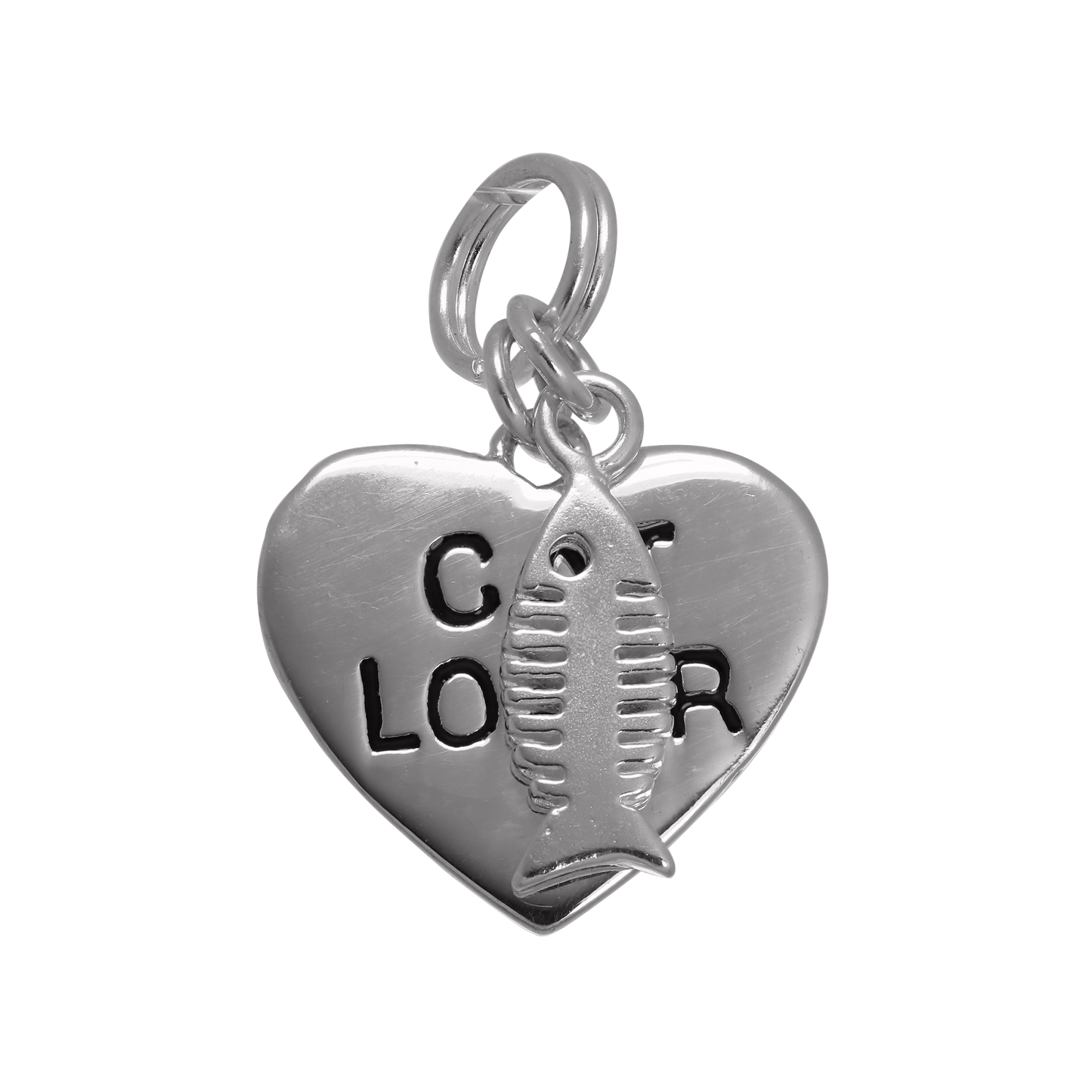 Sterling Silver Cat Lover Heart & Fish Bone Charm
