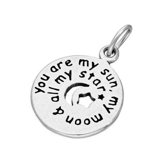 Sterling Silver Round Message Charm with Cut Out Moon & Stars
