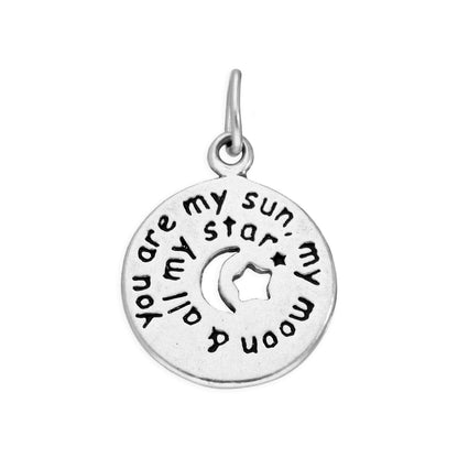 Sterling Silver Round Message Charm with Cut Out Moon & Stars