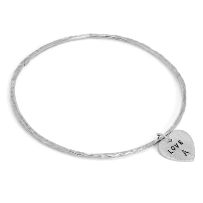 Sterling Silver Hammered Bangle with Hand Stamped Charm